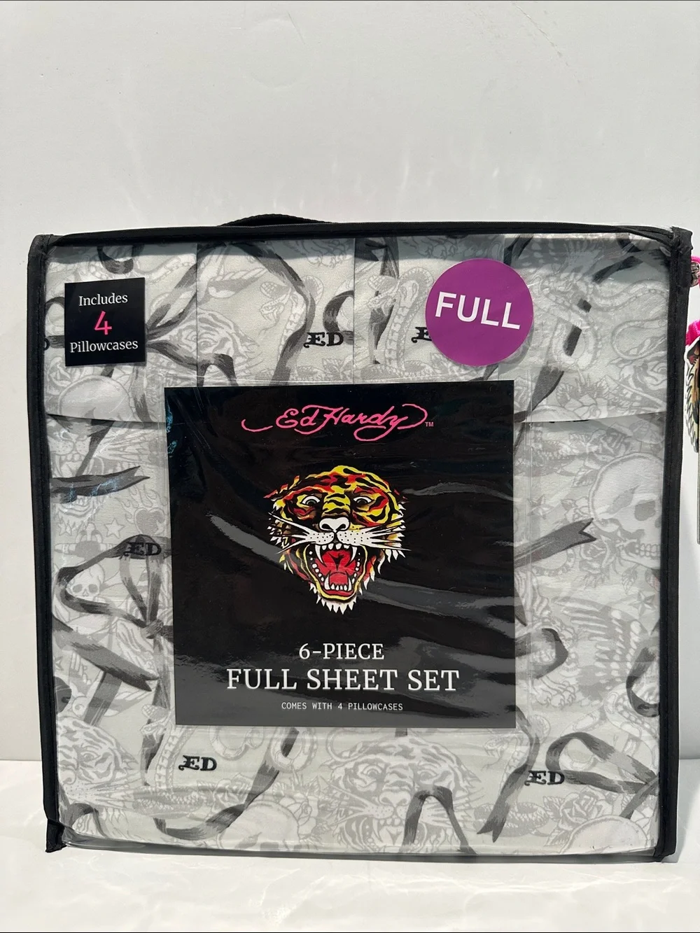 NWT Ed Hardy Classic Gray Ribbon 6 Piece Full Sheet Set with 4 Pillowcases.